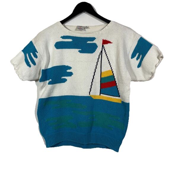 J.G. Hook Sailboat Sweater Short Sleeve Cotton Nautical Sailing Medium Vintage - Picture 1 of 11